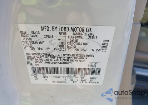 2010 Ford Escape Limited из США, поврежденный, VIN 1FMCU9EG4AKD30673